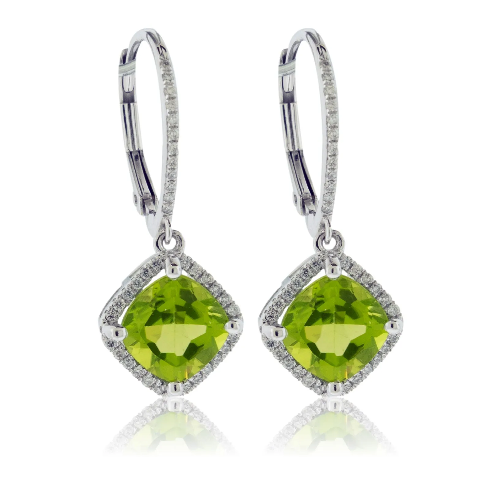 Cushion Shaped Peridot and Diamond Halo Drop Earrings