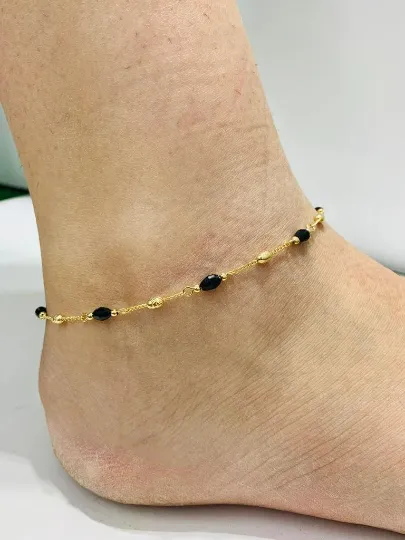 Dainty Black Beads Anklet Bracelet 10" in Gold Filled/ Women's Anklet Bracelet/Everyday Bracelet for Foot/ Gold Anklet Bracelet Womens Chain