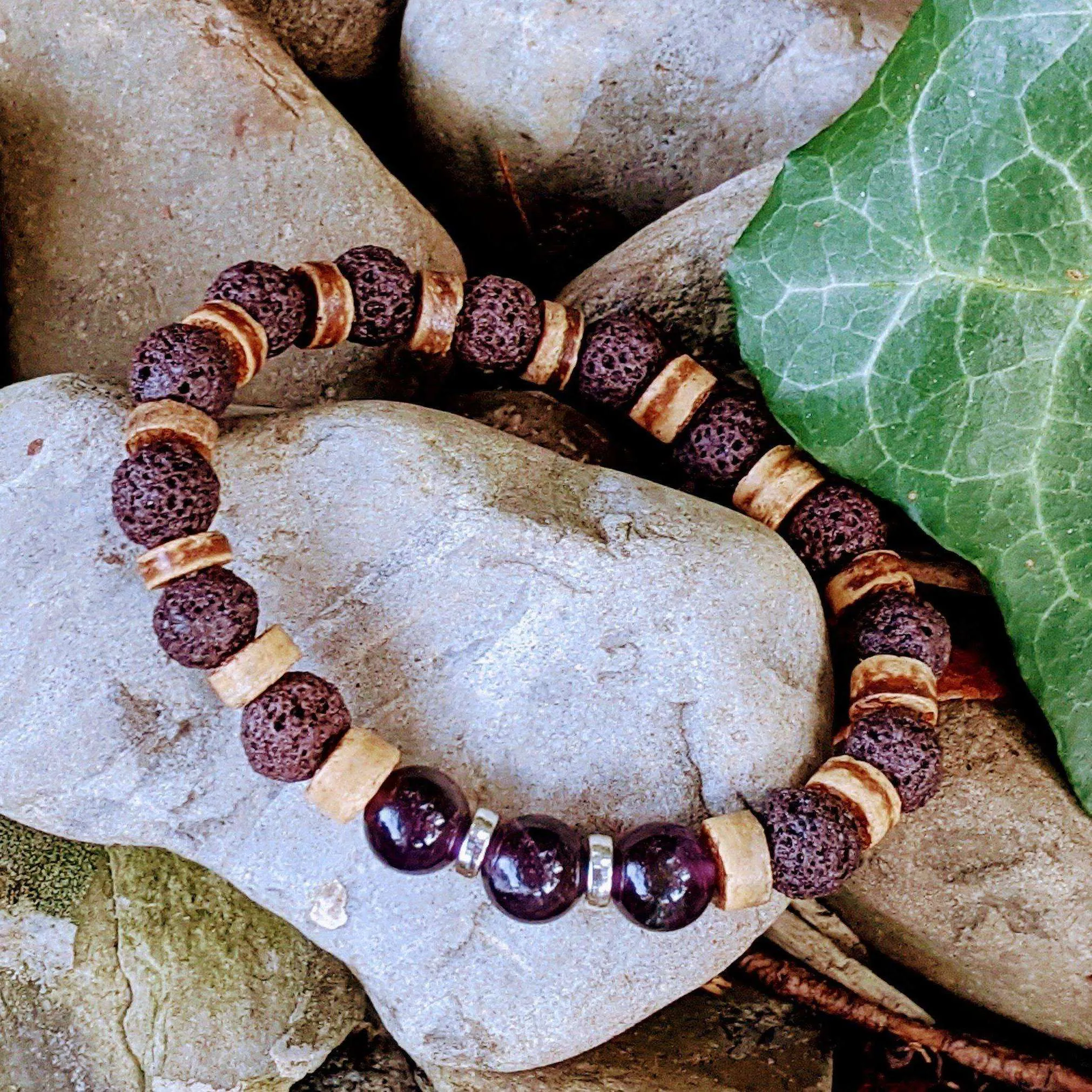 Dark Amethyst Gemstone Lava Bead Stretch bracelet-FEBRUARY Birthstone