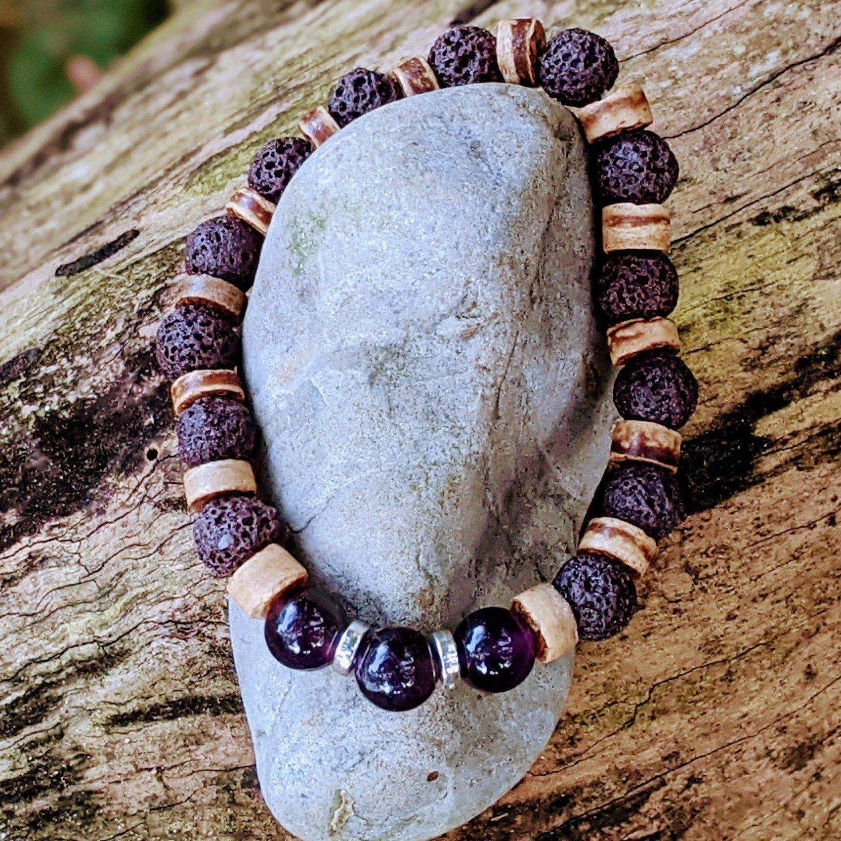 Dark Amethyst Gemstone Lava Bead Stretch bracelet-FEBRUARY Birthstone