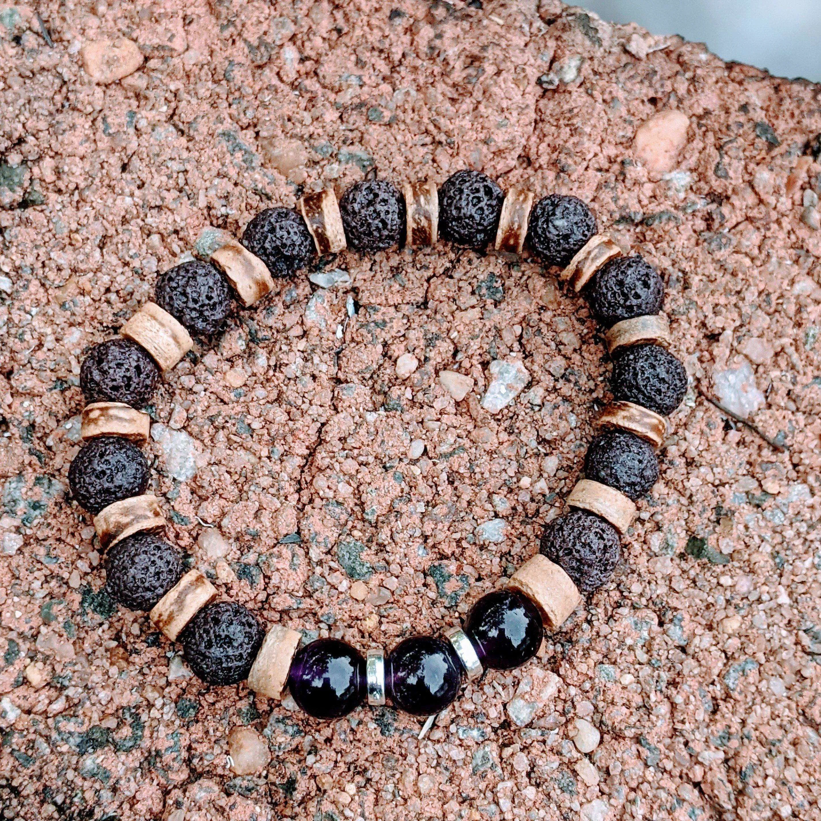 Dark Amethyst Gemstone Lava Bead Stretch bracelet-FEBRUARY Birthstone