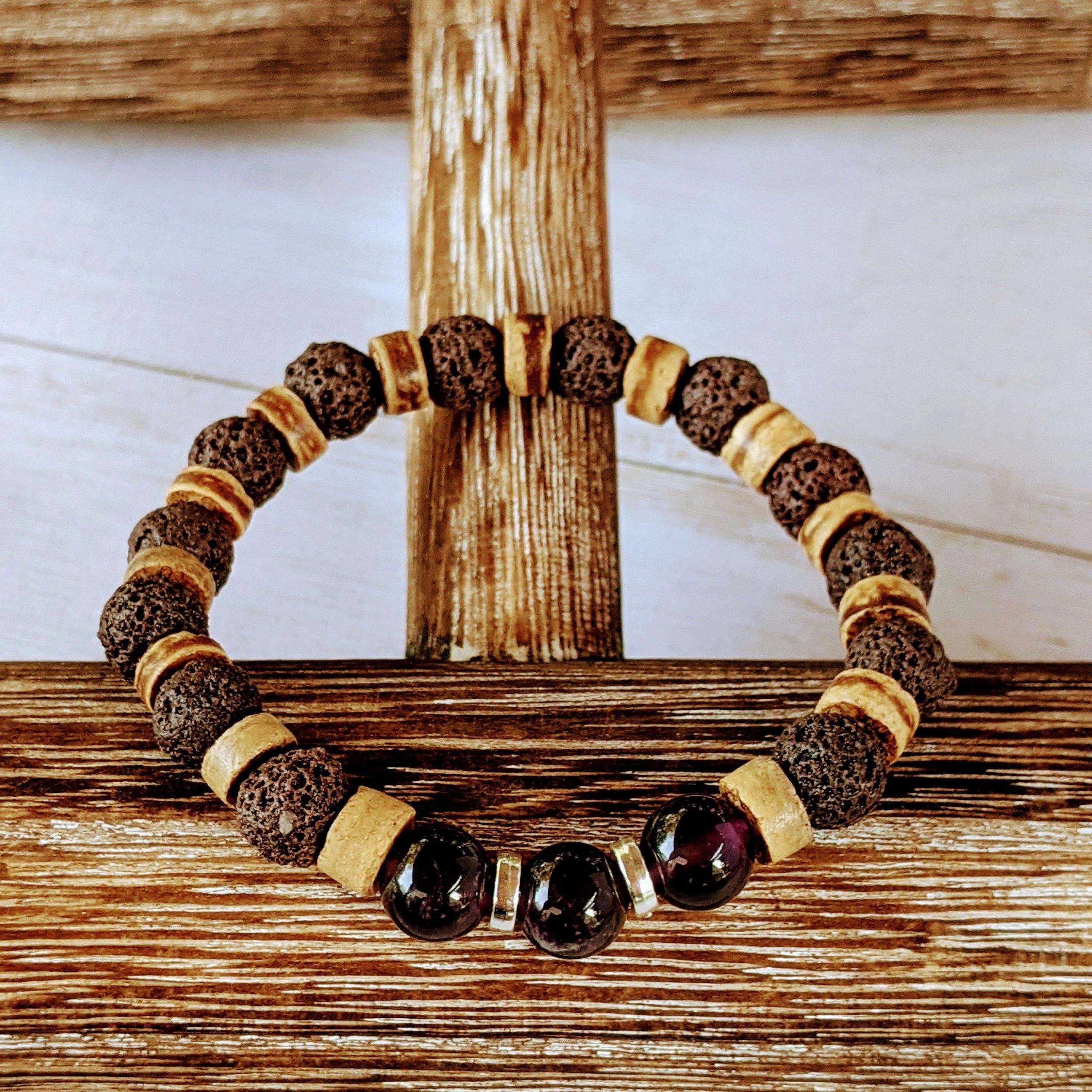 Dark Amethyst Gemstone Lava Bead Stretch bracelet-FEBRUARY Birthstone