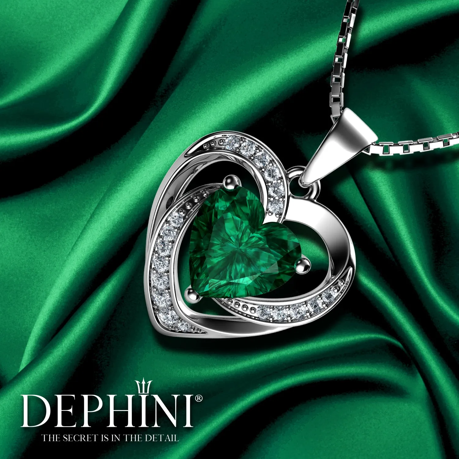 DEPHINI Green Heart Necklace - 925 Sterling Silver Pendant CZ Crystal