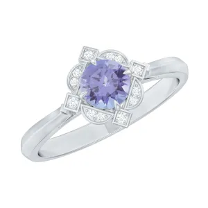 Designer Tanzanite and Diamond Halo Engagement Ring