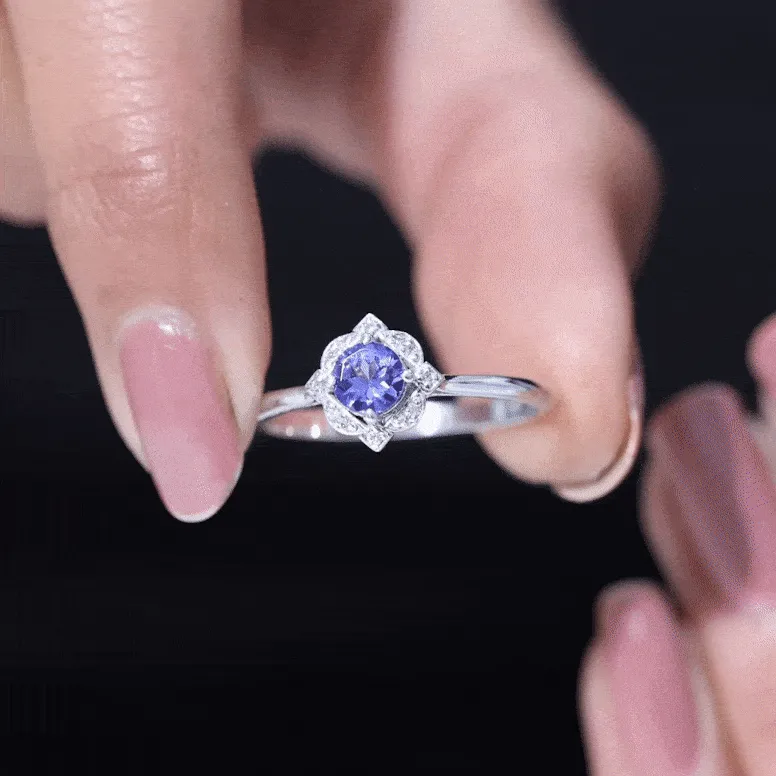 Designer Tanzanite and Diamond Halo Engagement Ring