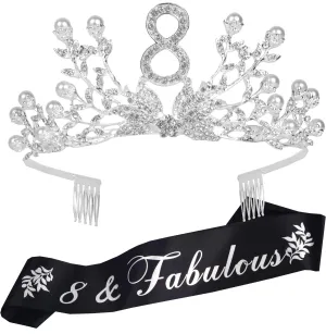 DoraDreamDeko 8th Birthday Gifts for Girls, 8th Birthday Tiara and Sash, 8 Fabulous Sash