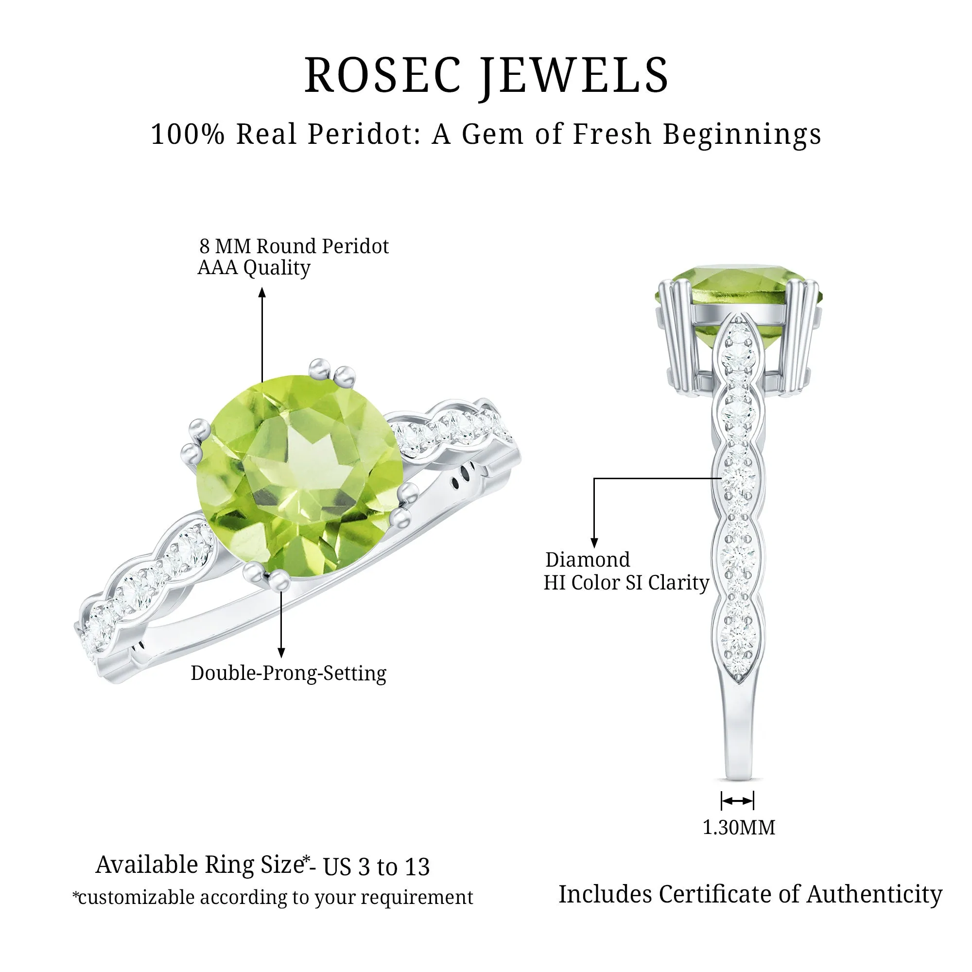 Double Prong Set Peridot Solitaire Ring with Diamond Side Stones