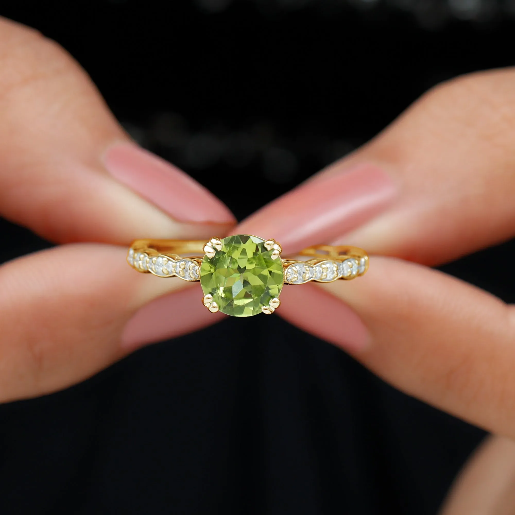 Double Prong Set Peridot Solitaire Ring with Diamond Side Stones