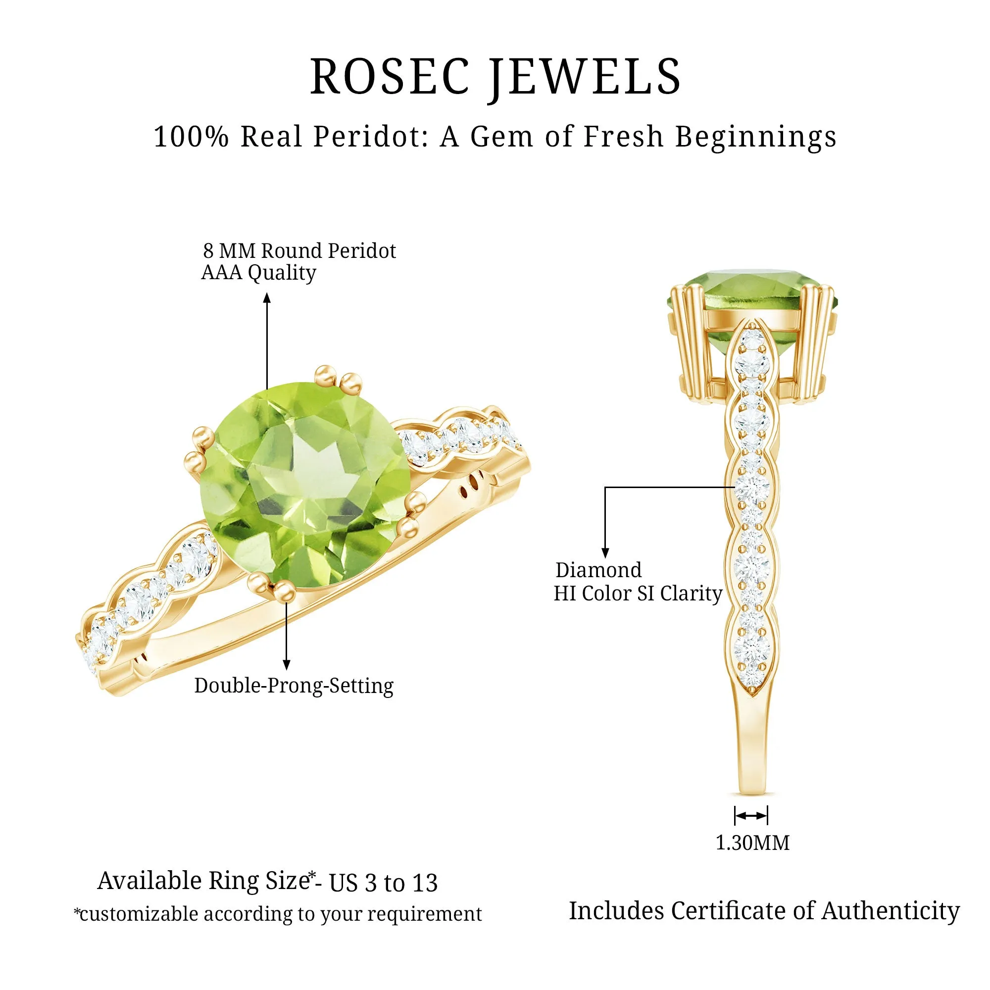 Double Prong Set Peridot Solitaire Ring with Diamond Side Stones