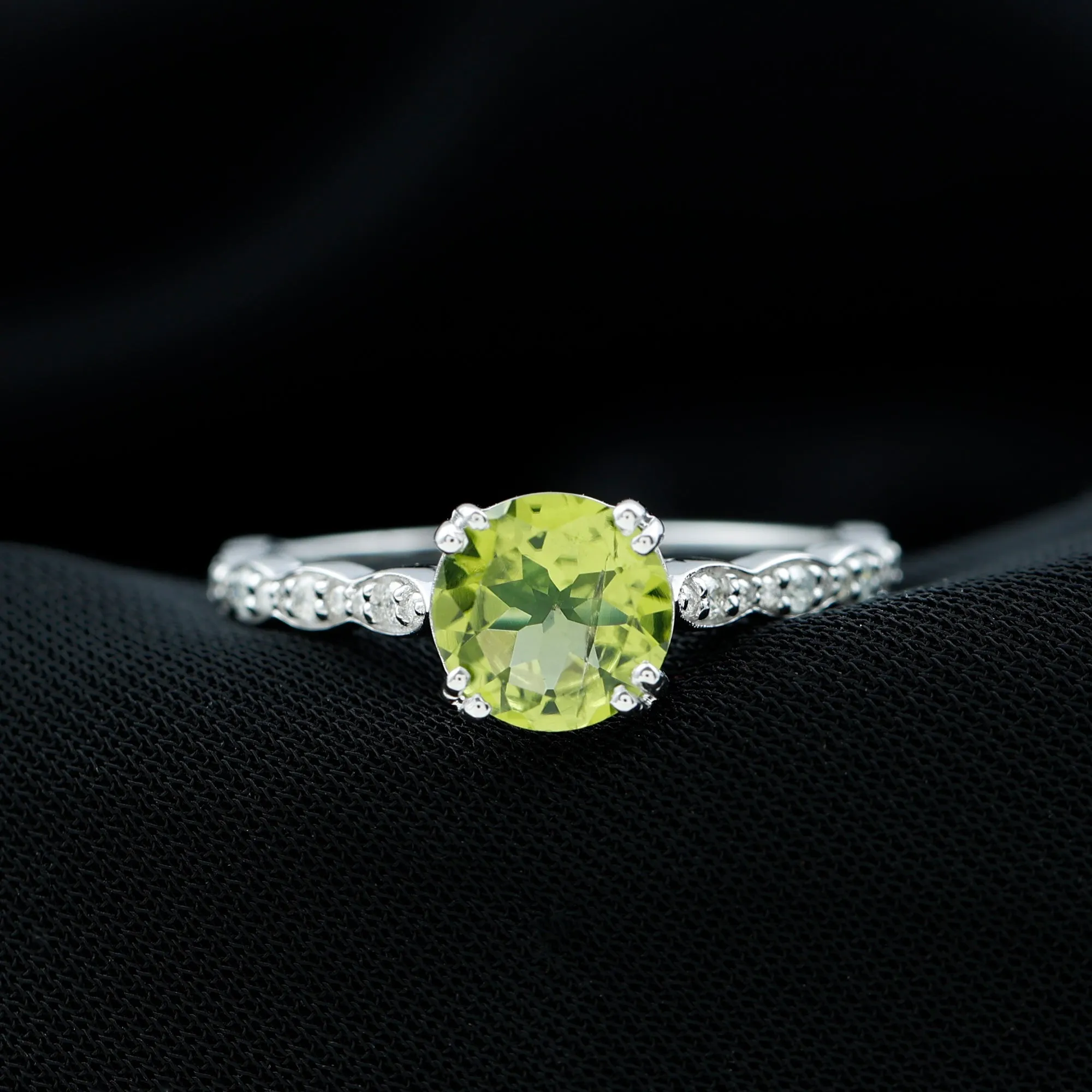 Double Prong Set Peridot Solitaire Ring with Diamond Side Stones