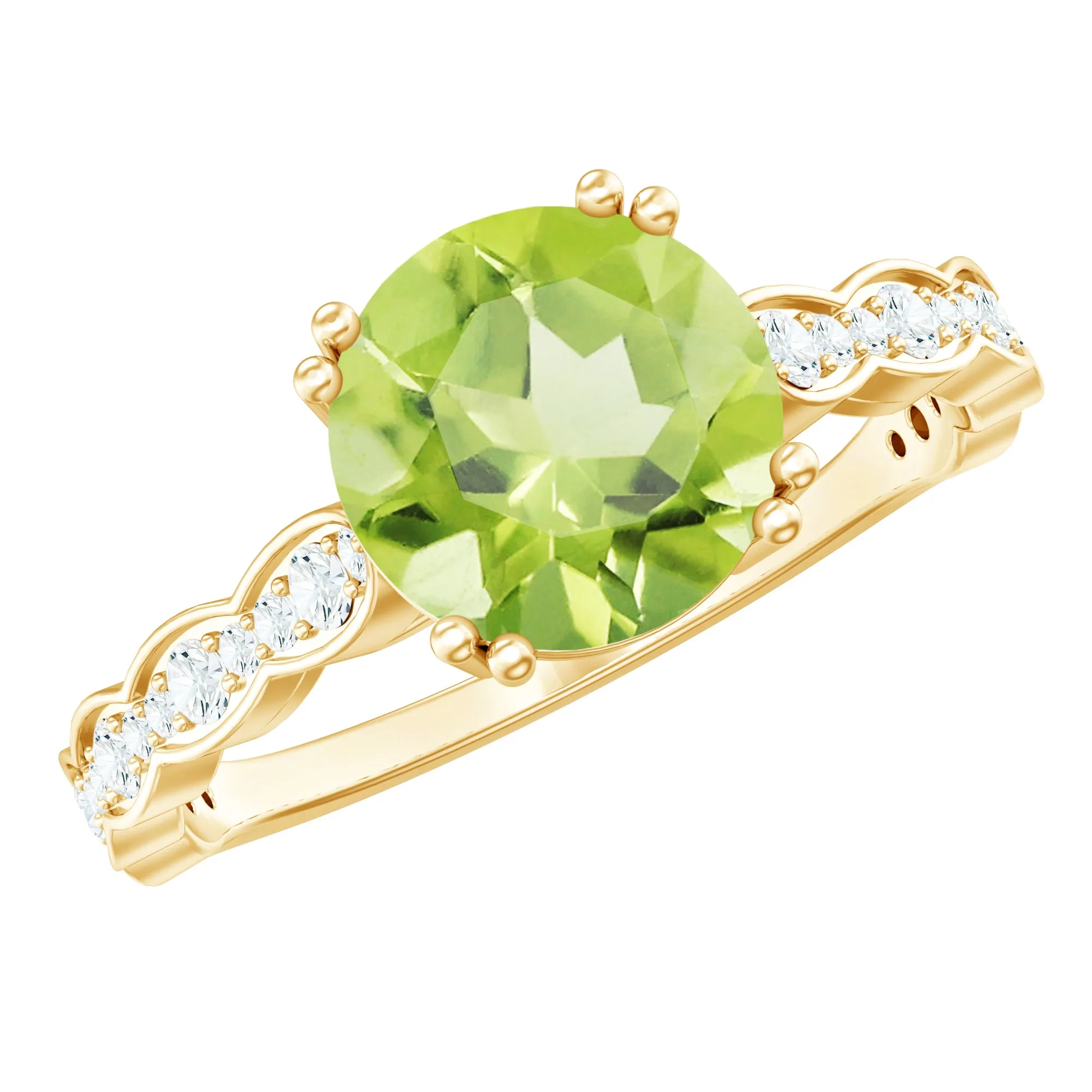 Double Prong Set Peridot Solitaire Ring with Diamond Side Stones