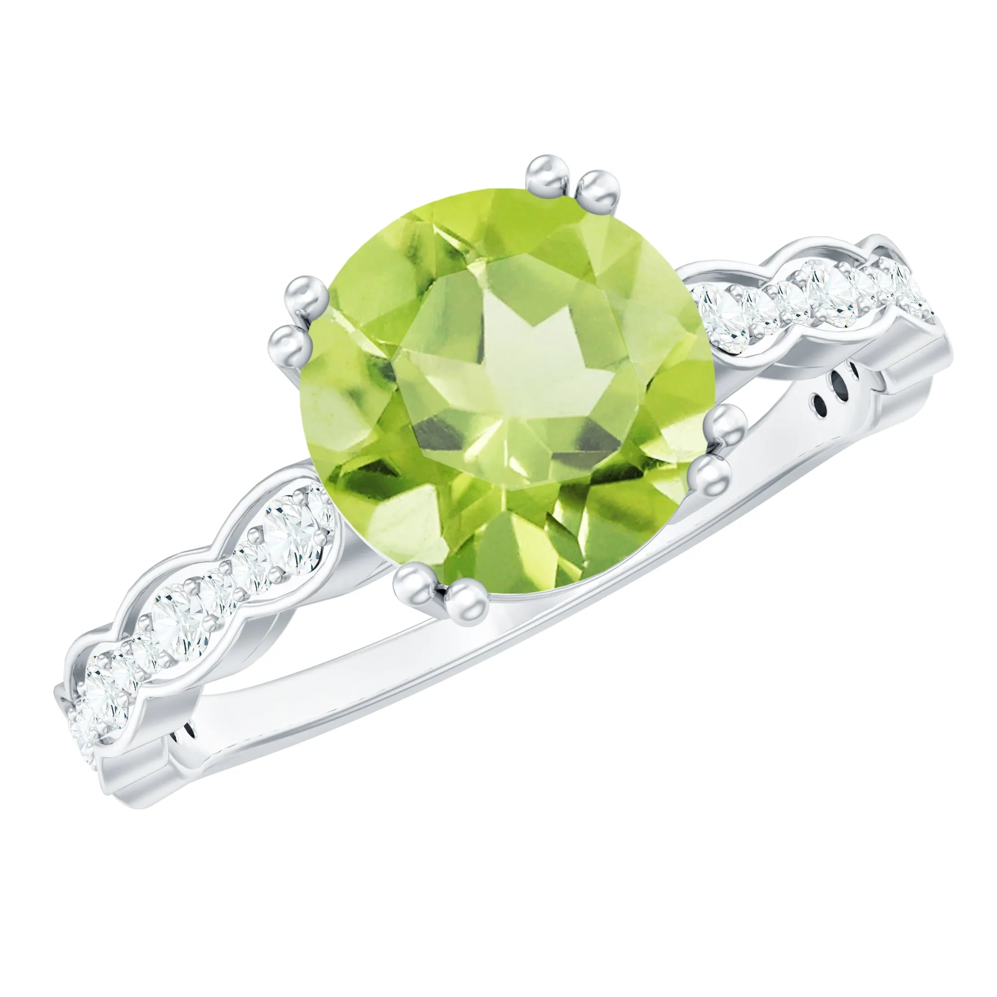 Double Prong Set Peridot Solitaire Ring with Diamond Side Stones