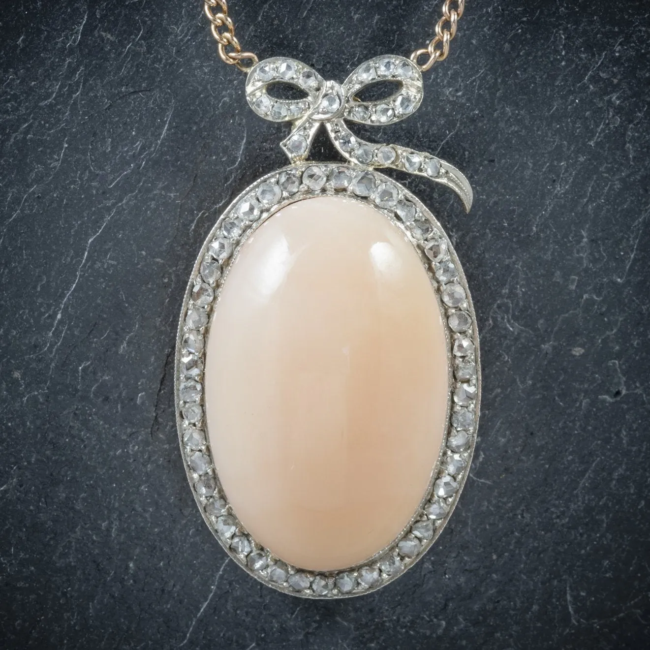 Edwardian Necklace - Boxed Coral & 2.50Ct Diamond 18Ct Pendant Necklace