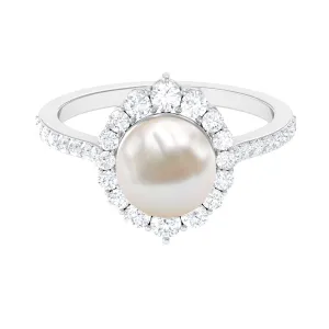 Freshwater Pearl and Diamond Halo Engagement Ring