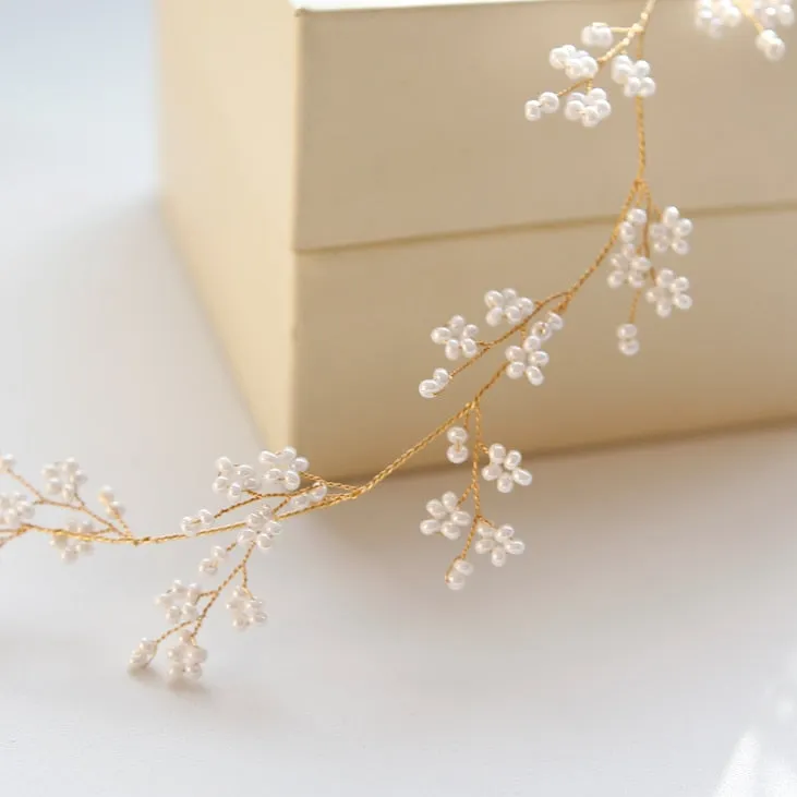 Handmade Pearl Gold Wedding Hair Vine Headband