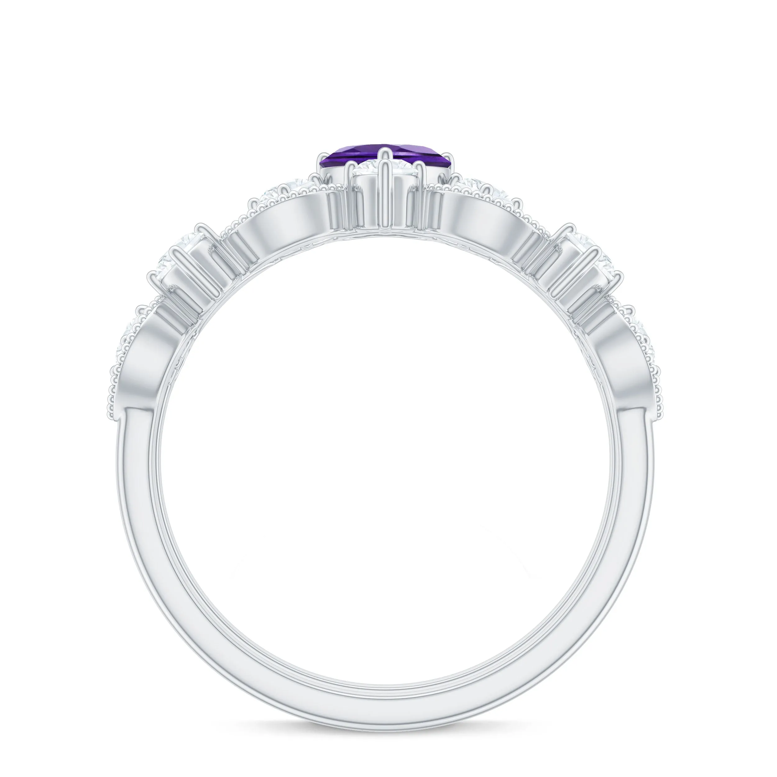 Heart Shape Amethyst Ring Set with Moissanite in Prong Setting