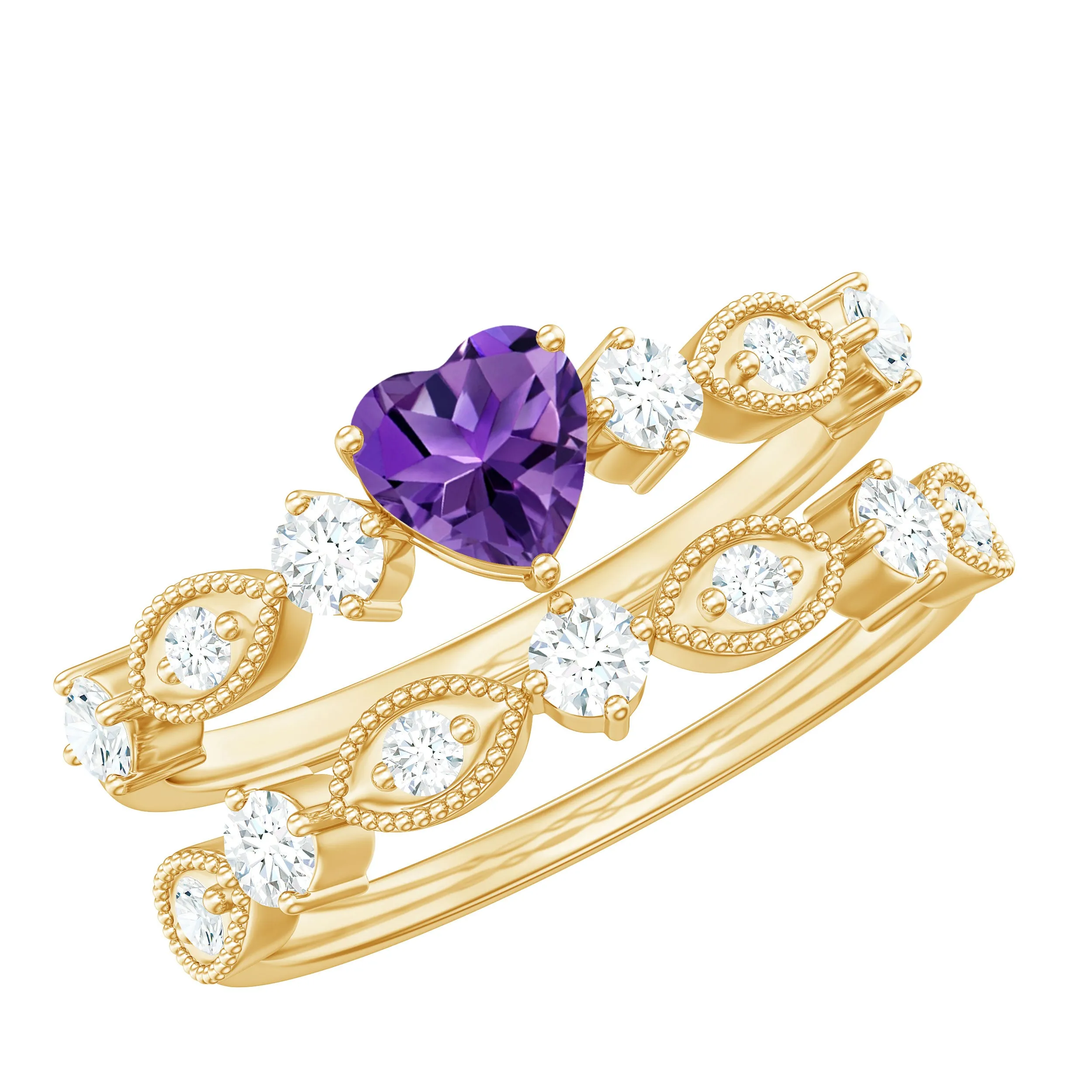 Heart Shape Amethyst Ring Set with Moissanite in Prong Setting