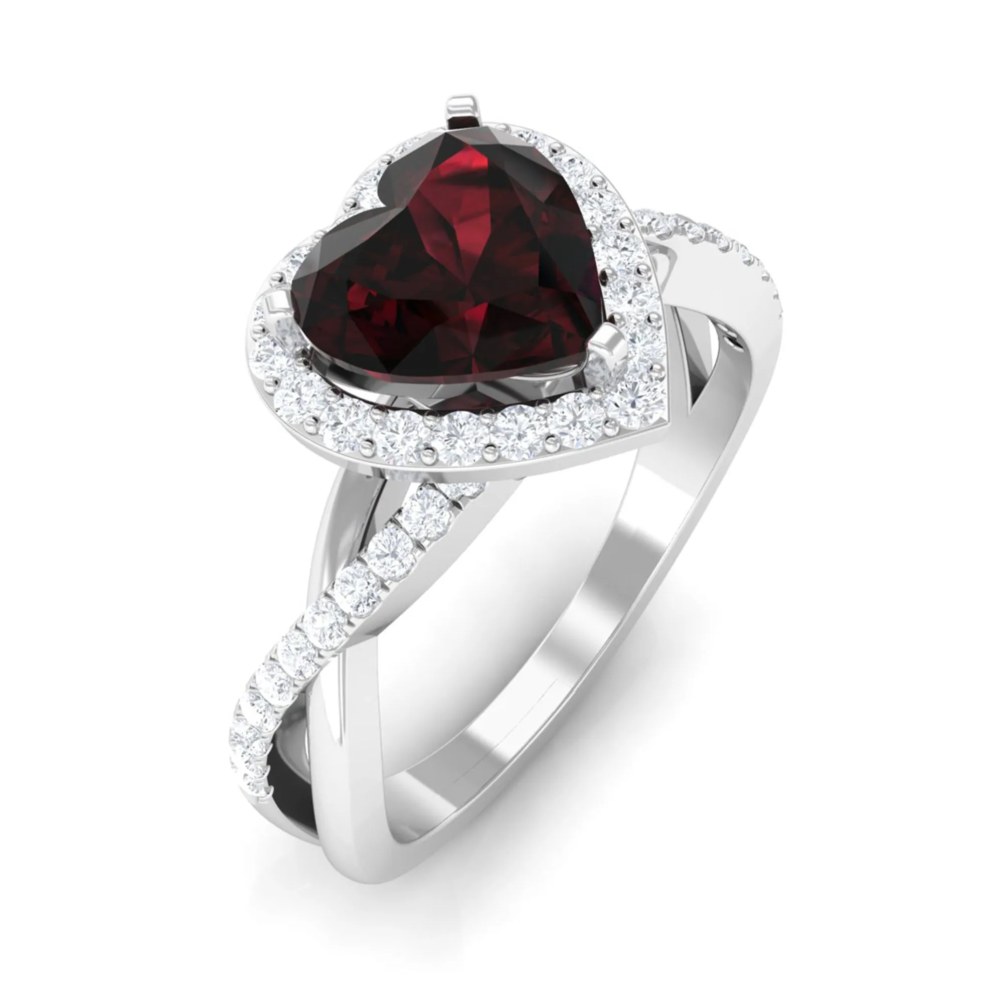 Heart Shape Garnet Crossover Engagement Ring with Diamond