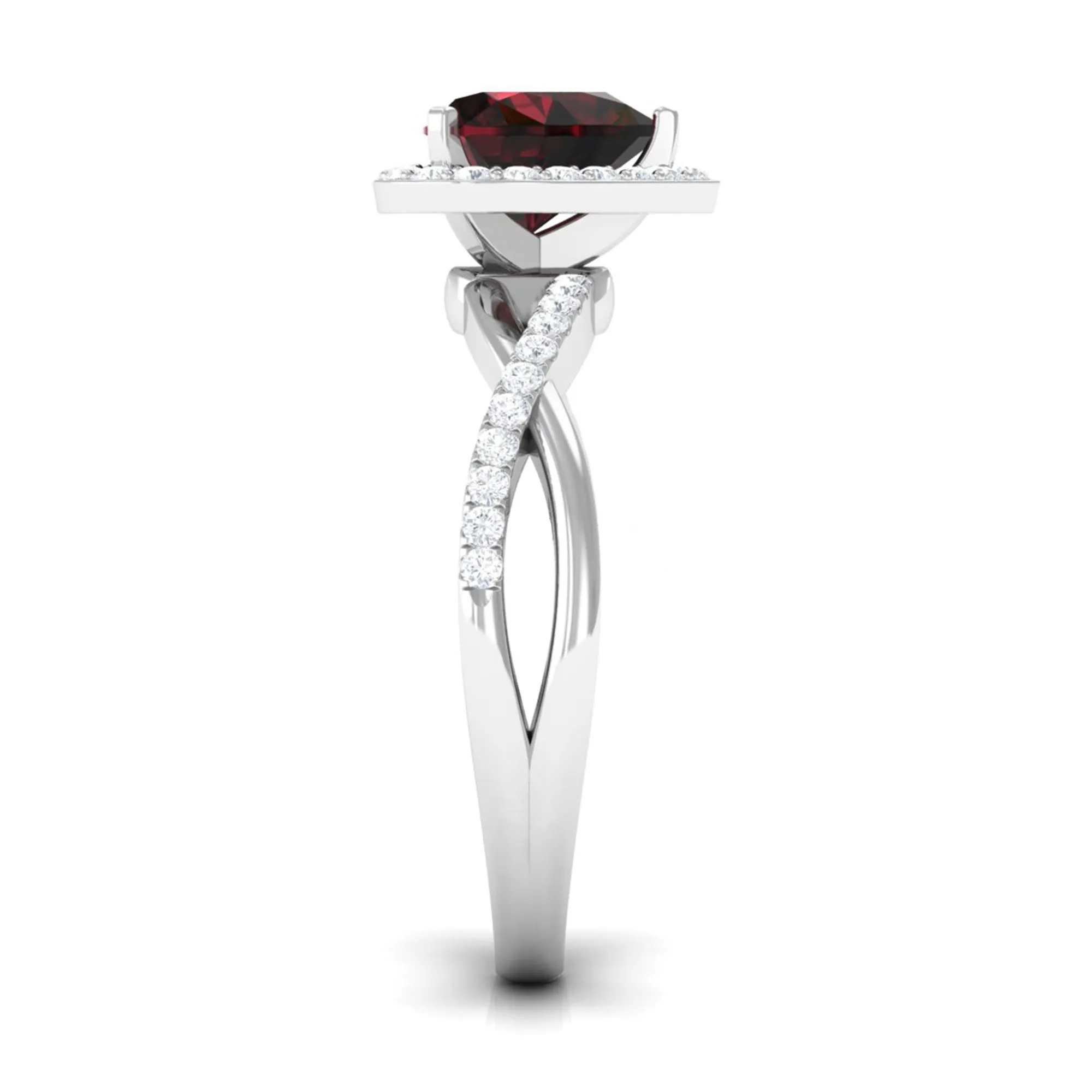 Heart Shape Garnet Crossover Engagement Ring with Diamond