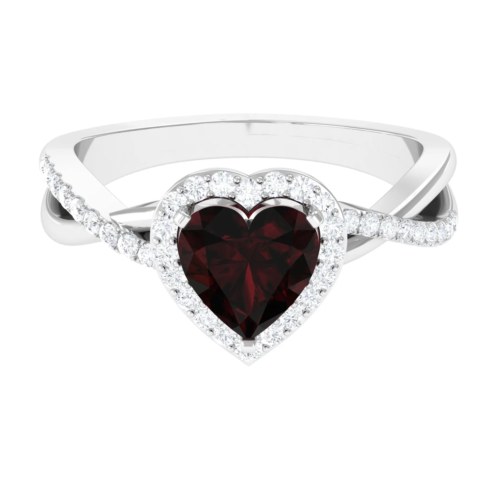 Heart Shape Garnet Crossover Engagement Ring with Diamond