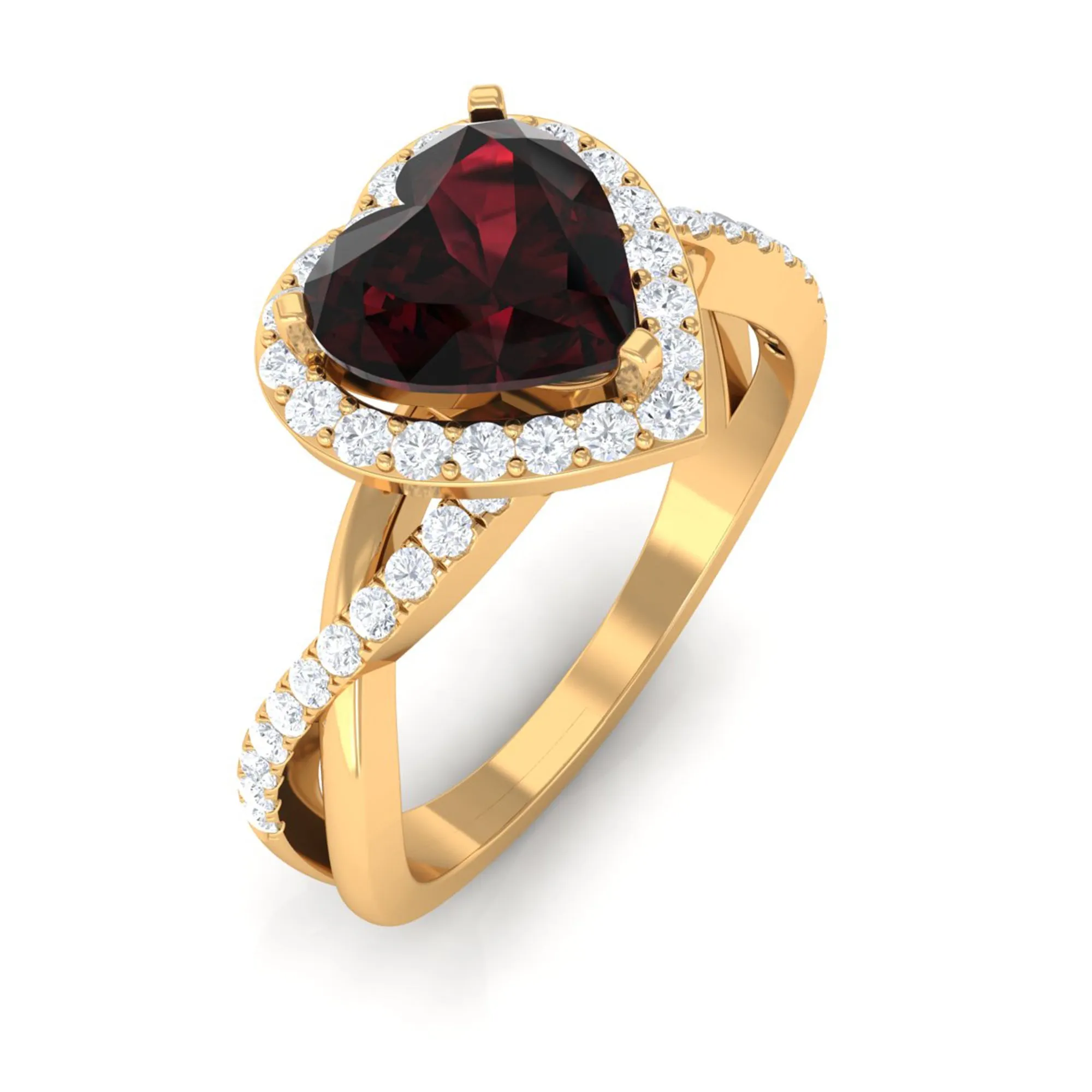 Heart Shape Garnet Crossover Engagement Ring with Diamond