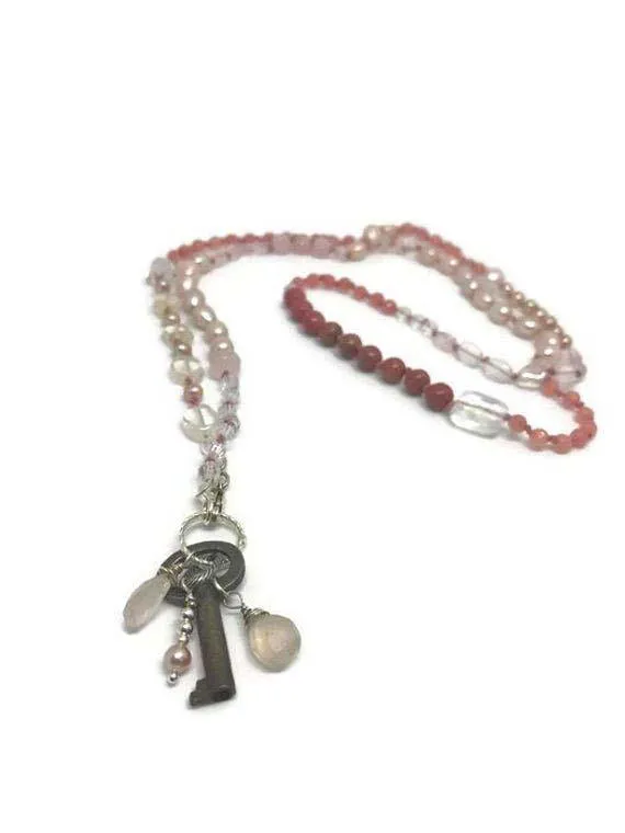 Key Necklace, Old Key, Quartz Necklace, gemstone Necklace, Bronze Necklace