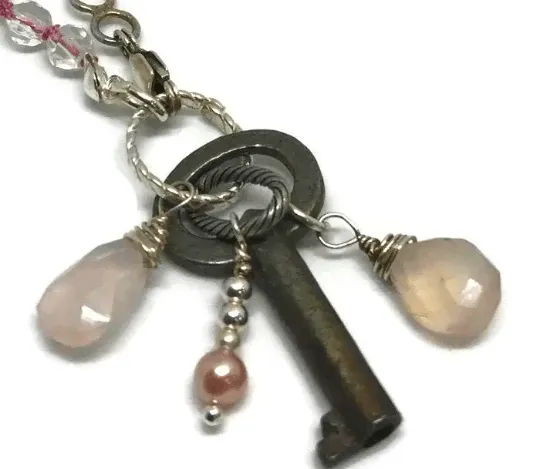 Key Necklace, Old Key, Quartz Necklace, gemstone Necklace, Bronze Necklace