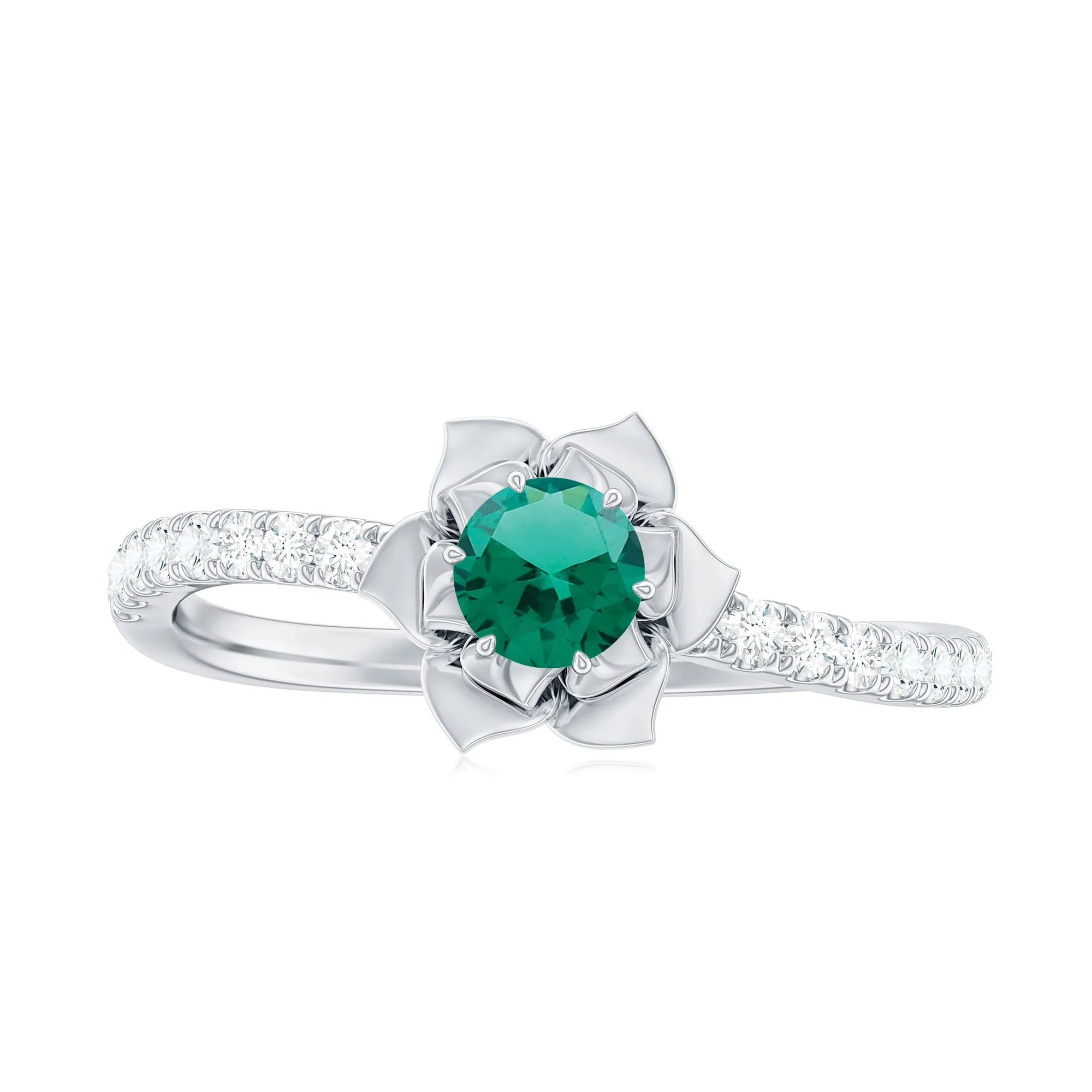 Lab-Created Emerald and Diamond Flower Engagement Ring