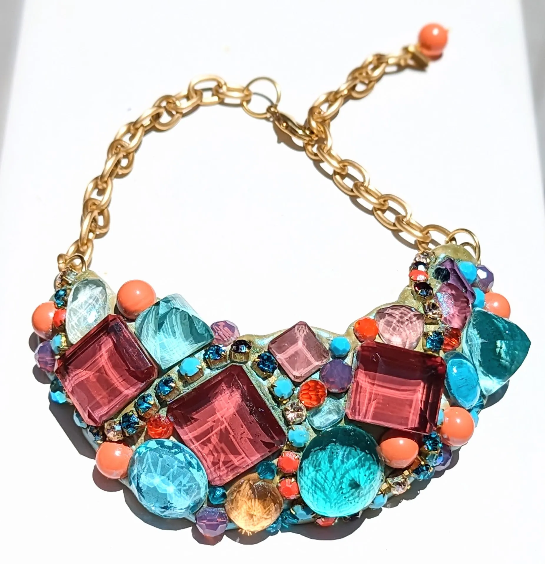 Lab Created Giant Faceted Color Changing Alexandrites Aqua Coral Swarovski Collar Statement Necklace Artisan USA Sugar Gay Isber 1 of 1