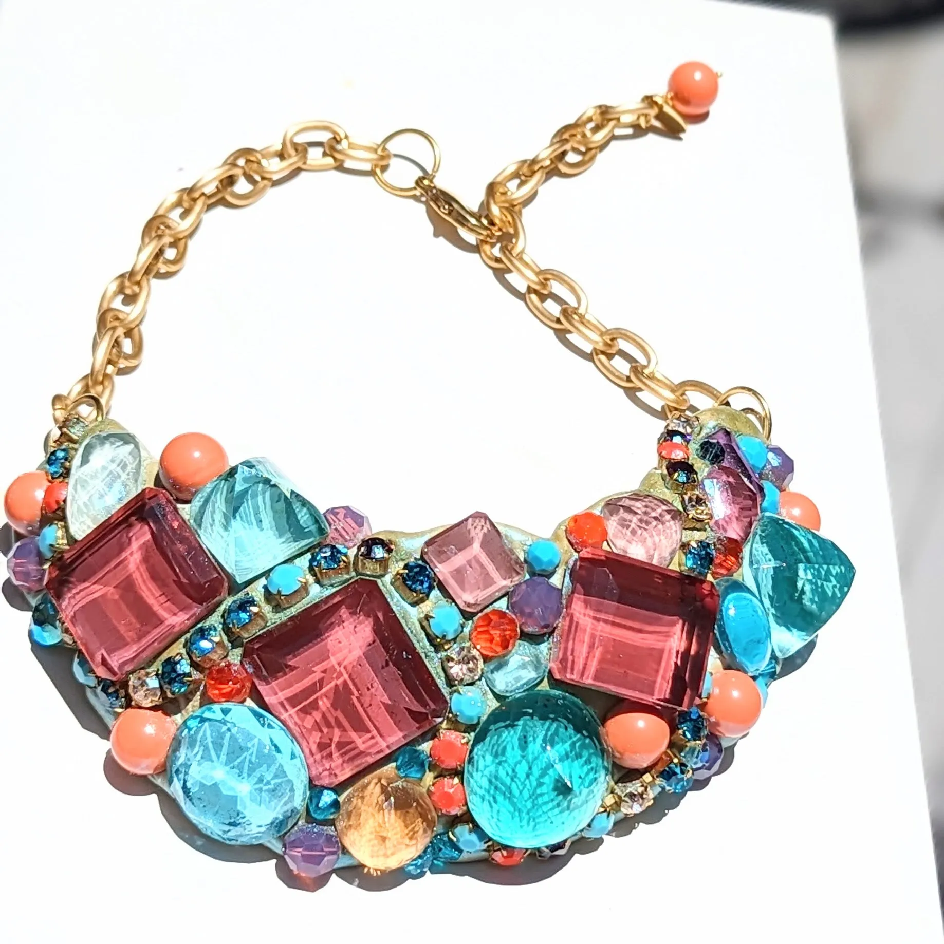 Lab Created Giant Faceted Color Changing Alexandrites Aqua Coral Swarovski Collar Statement Necklace Artisan USA Sugar Gay Isber 1 of 1