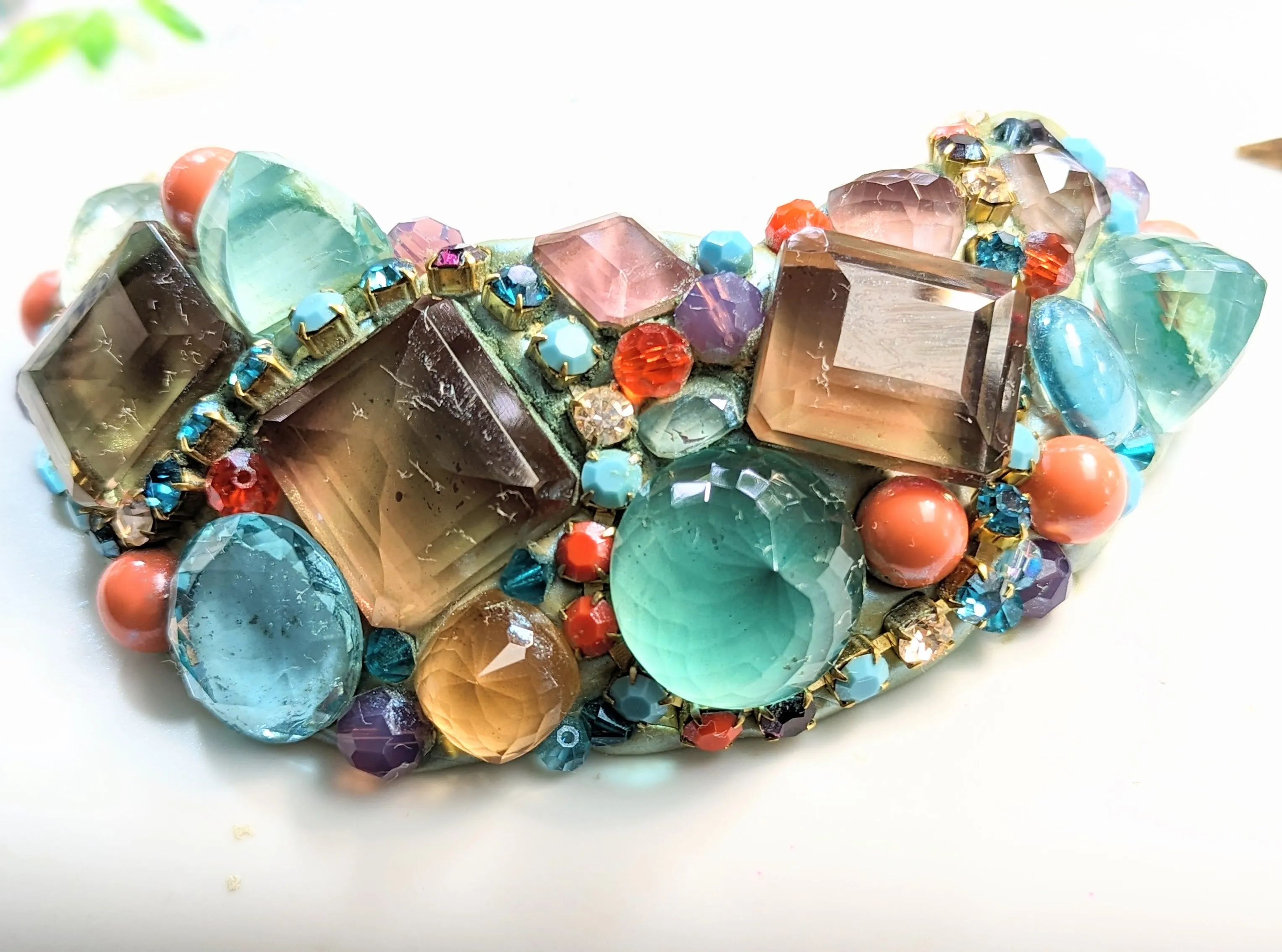 Lab Created Giant Faceted Color Changing Alexandrites Aqua Coral Swarovski Collar Statement Necklace Artisan USA Sugar Gay Isber 1 of 1