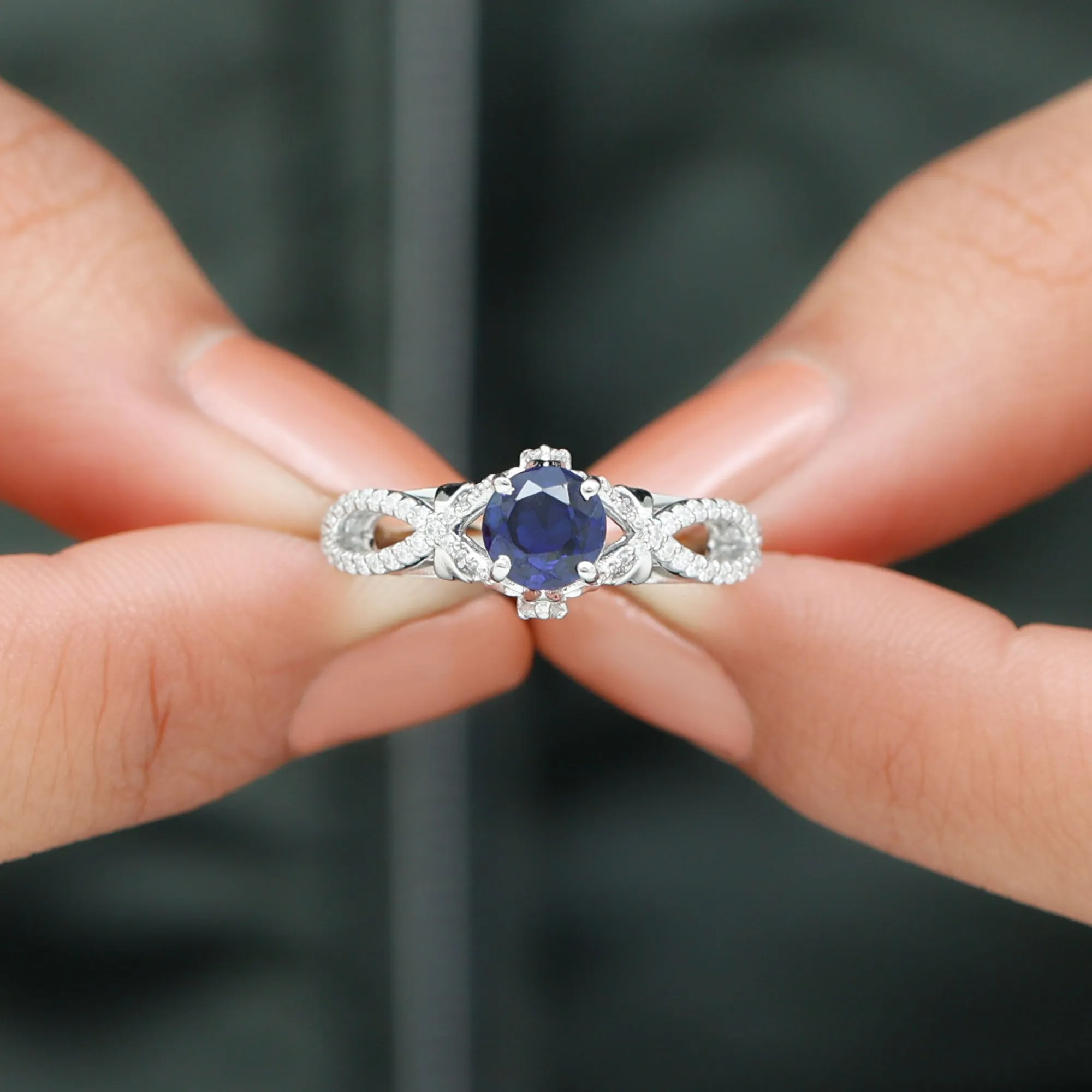 Lab Grown Blue Sapphire Crossover Engagement Ring with Diamond