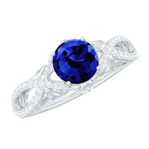 Lab Grown Blue Sapphire Crossover Engagement Ring with Diamond