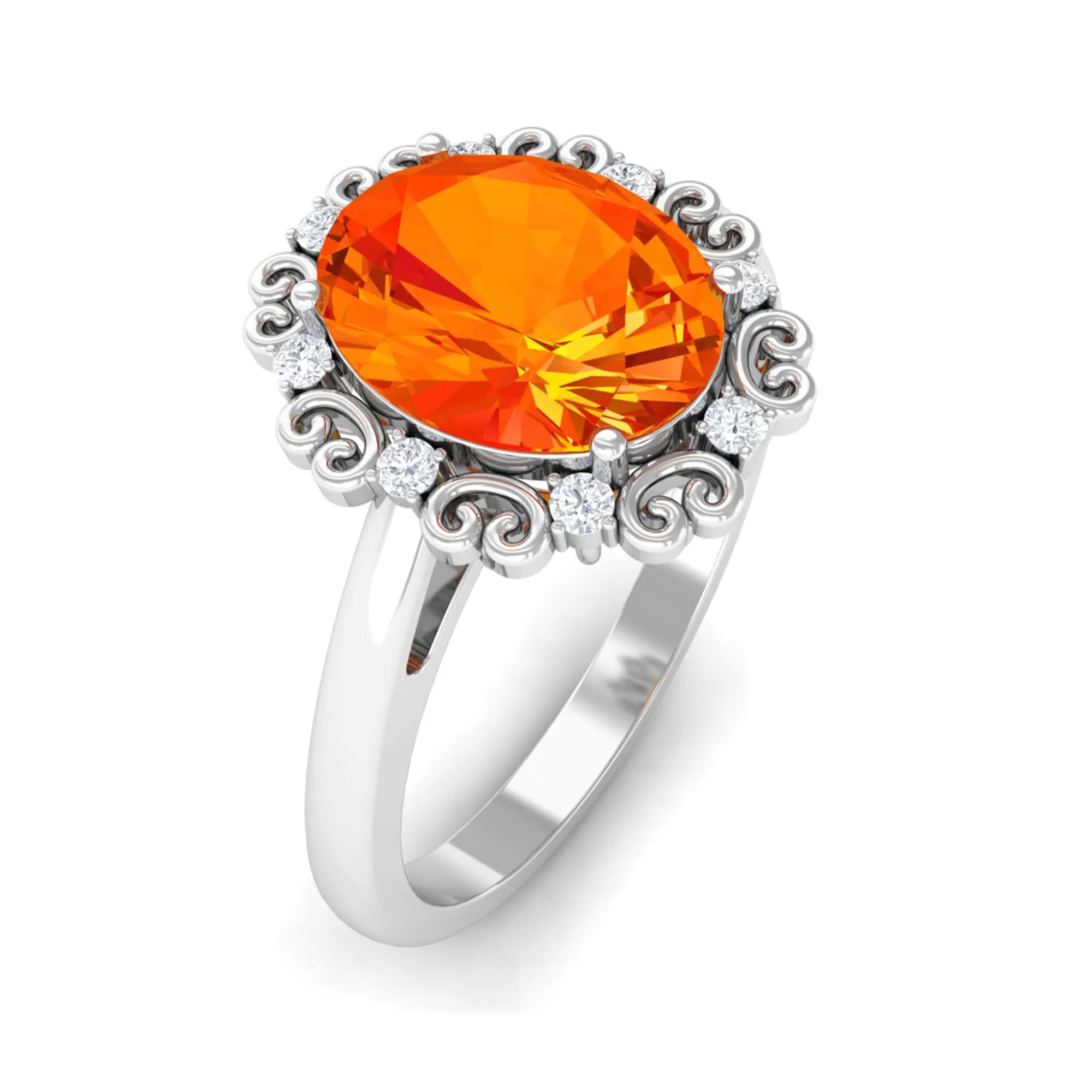 Lab Grown Orange Sapphire Vintage Style Engagement Ring with Diamond