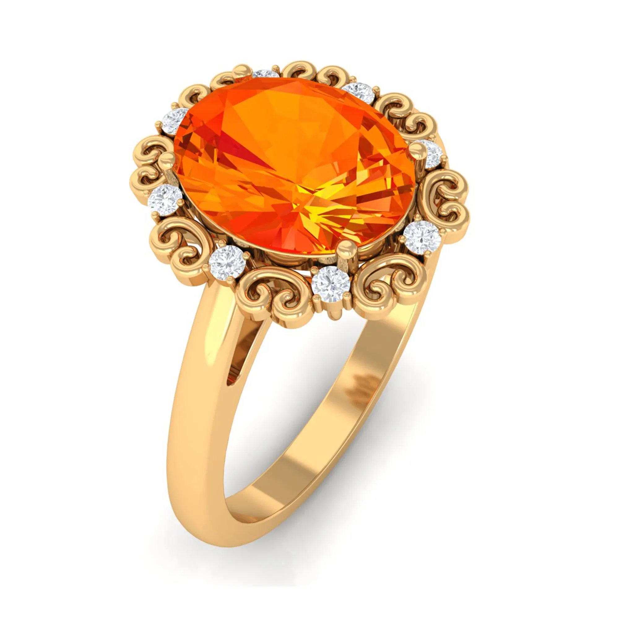 Lab Grown Orange Sapphire Vintage Style Engagement Ring with Diamond