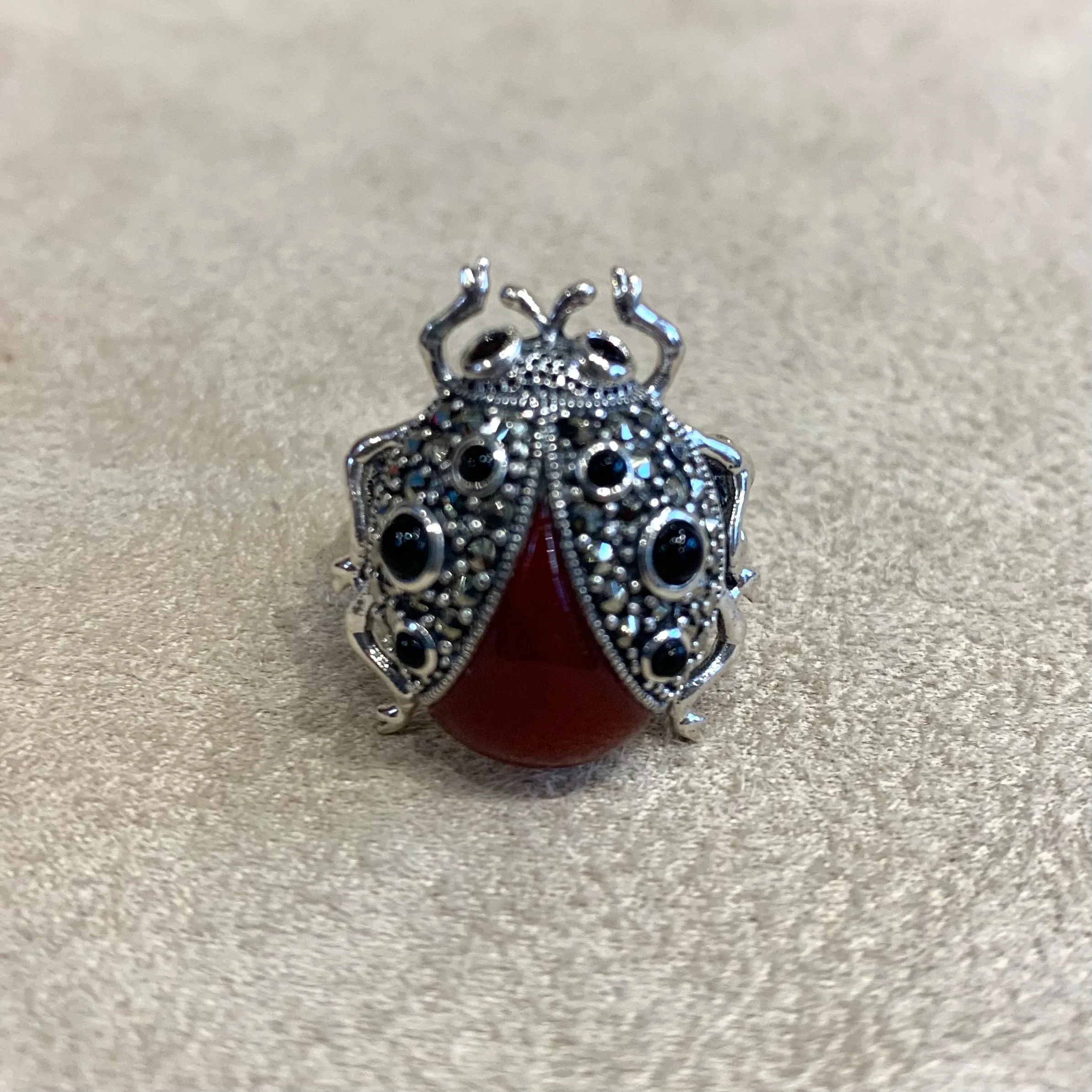 Ladybug Ring in Red Agate Silver Marcasite Ladybird