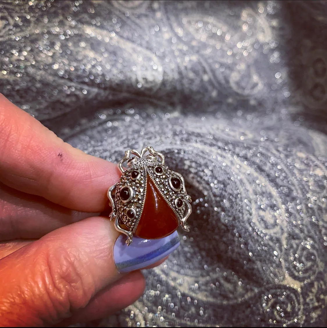 Ladybug Ring in Red Agate Silver Marcasite Ladybird