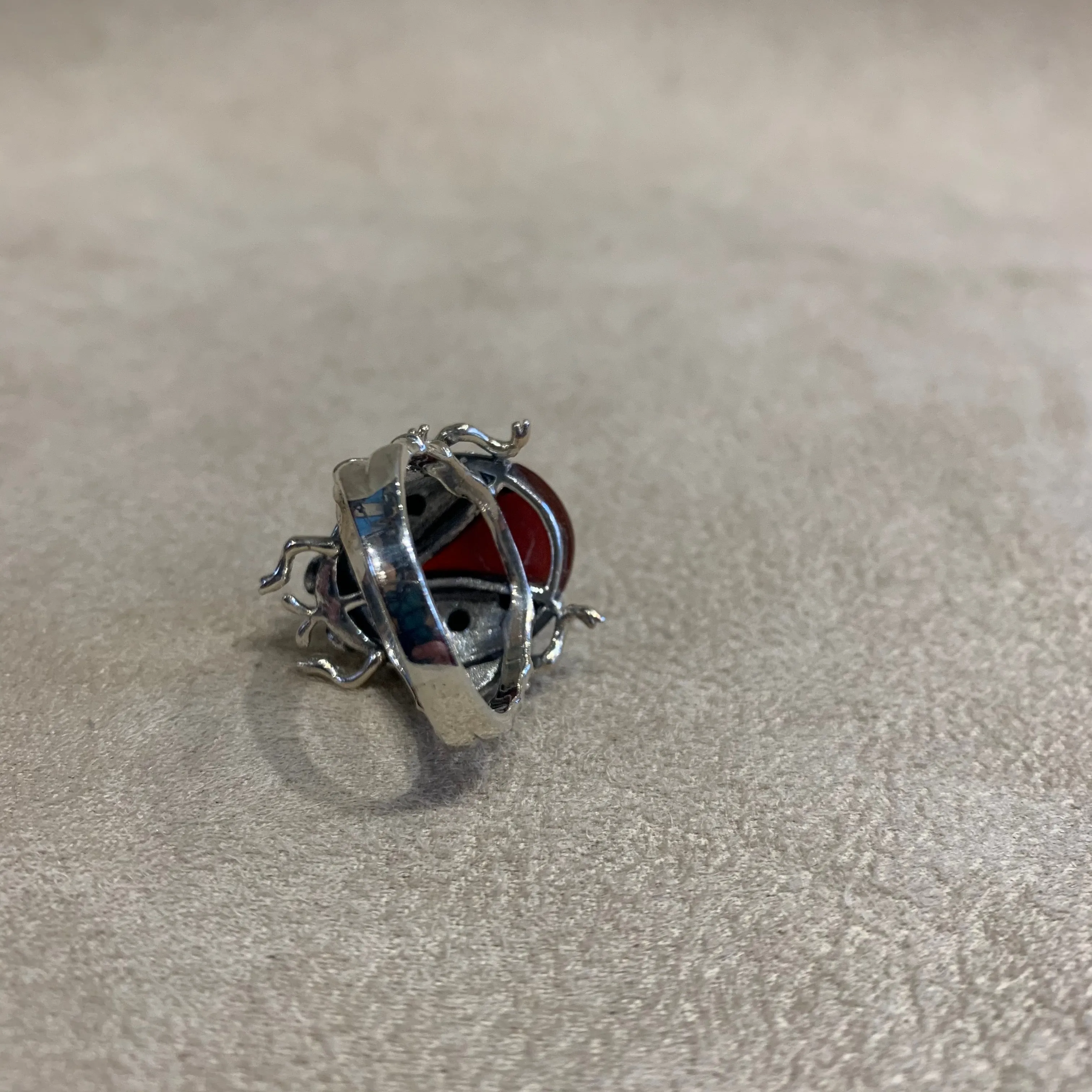 Ladybug Ring in Red Agate Silver Marcasite Ladybird