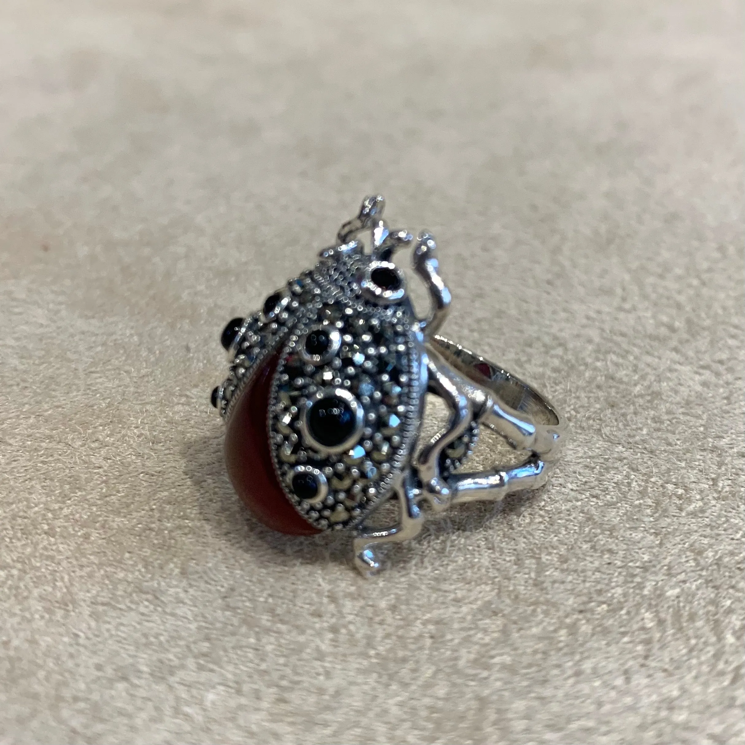 Ladybug Ring in Red Agate Silver Marcasite Ladybird