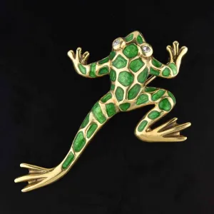 Large 14K Gold Green Enamel Diamond Frog Brooch