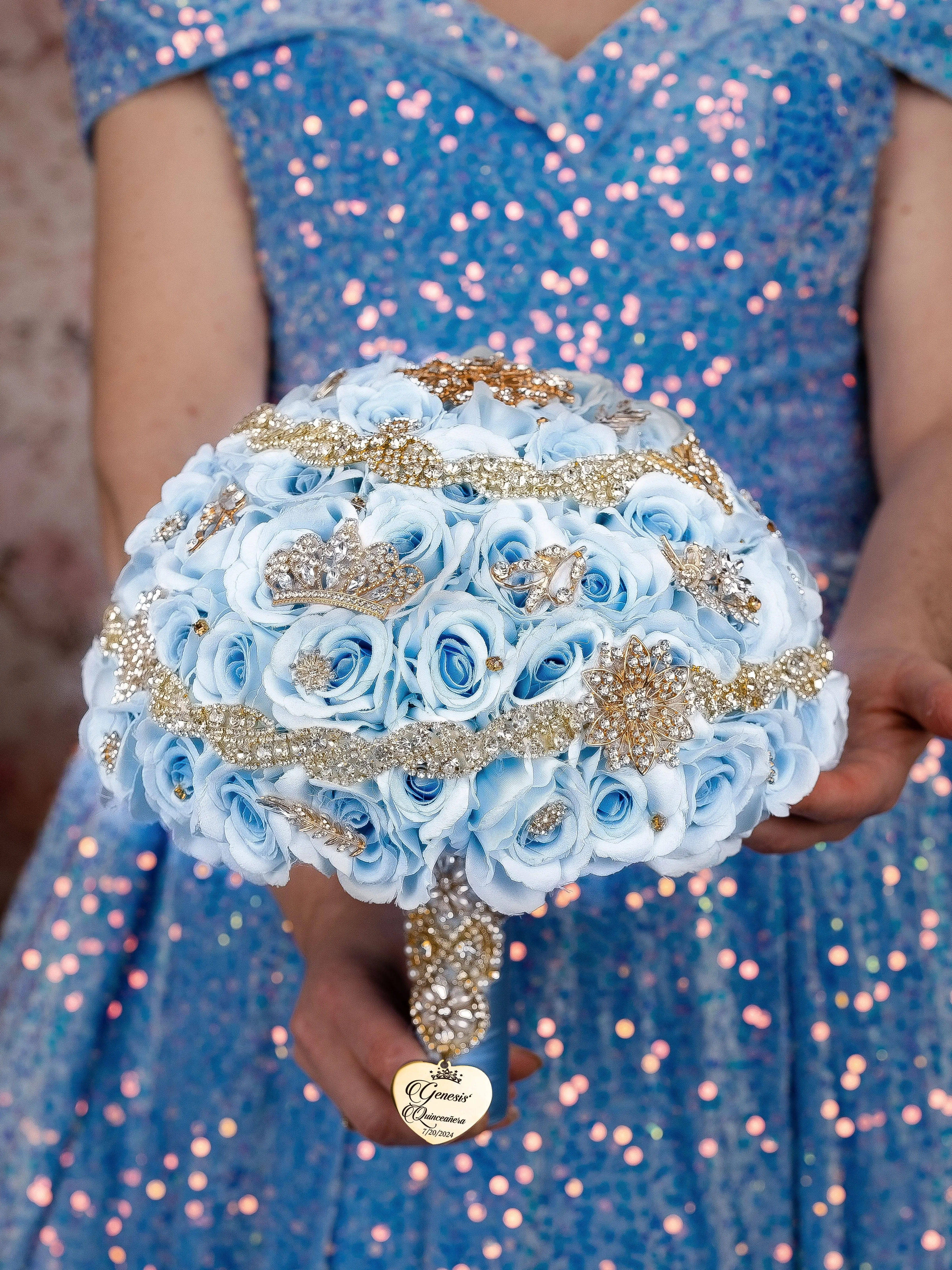 Light Blue Gold quinceanera pillows set