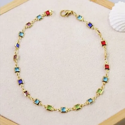 Light Multi Color Crystal Square Ankle Bracelet