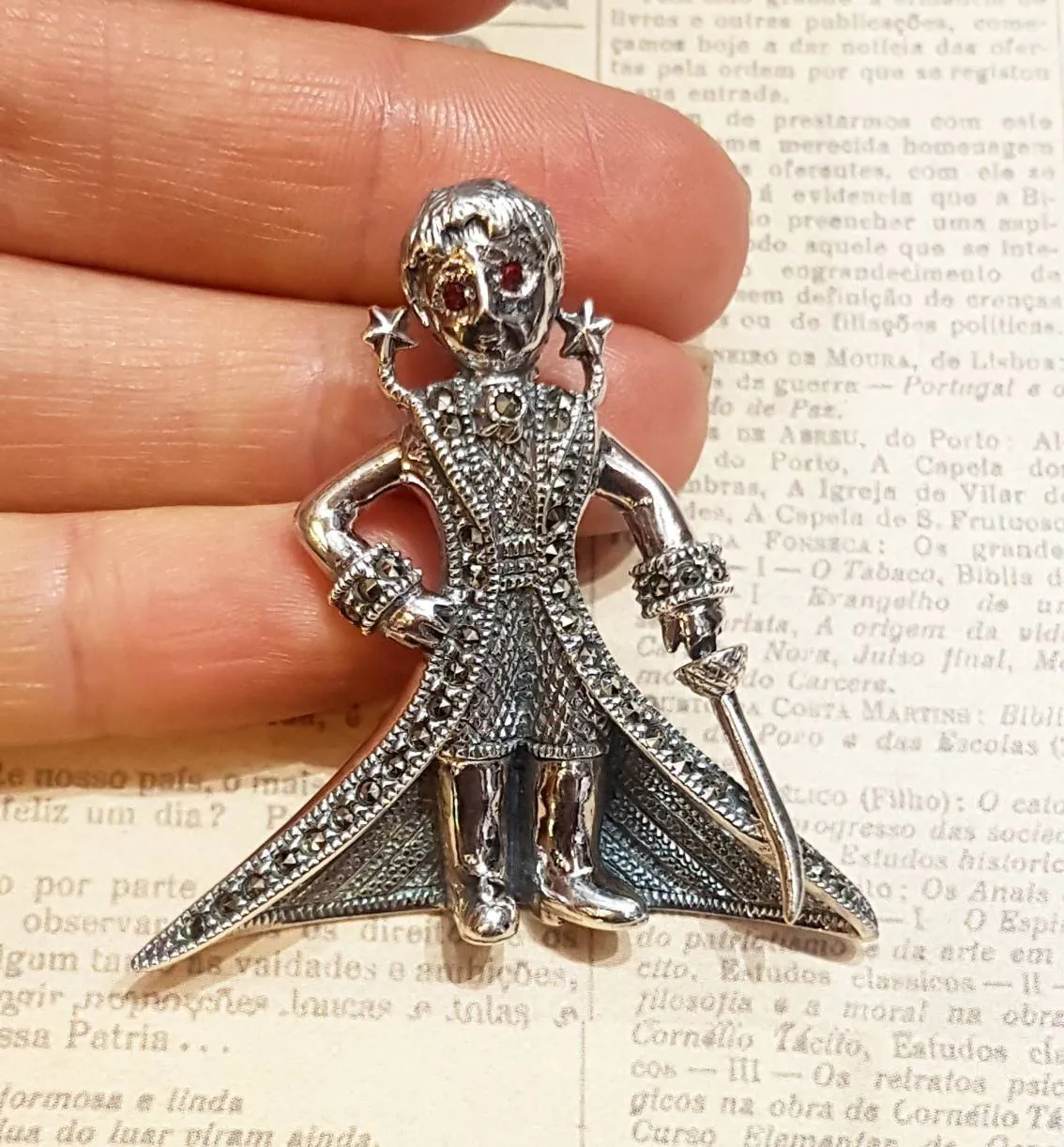 Little Prince Brooch Silver Marcasite Garnet eyes