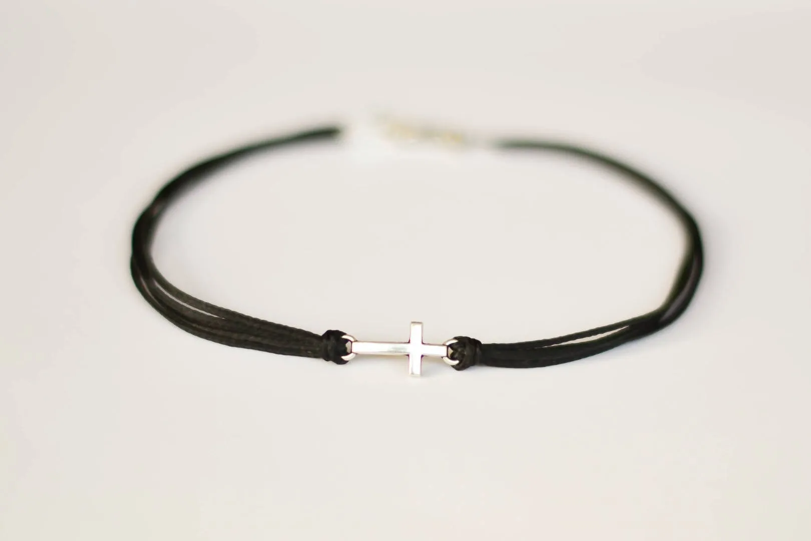 Men's anklet with a silver cross charm, black cord anklet, christian gift for him