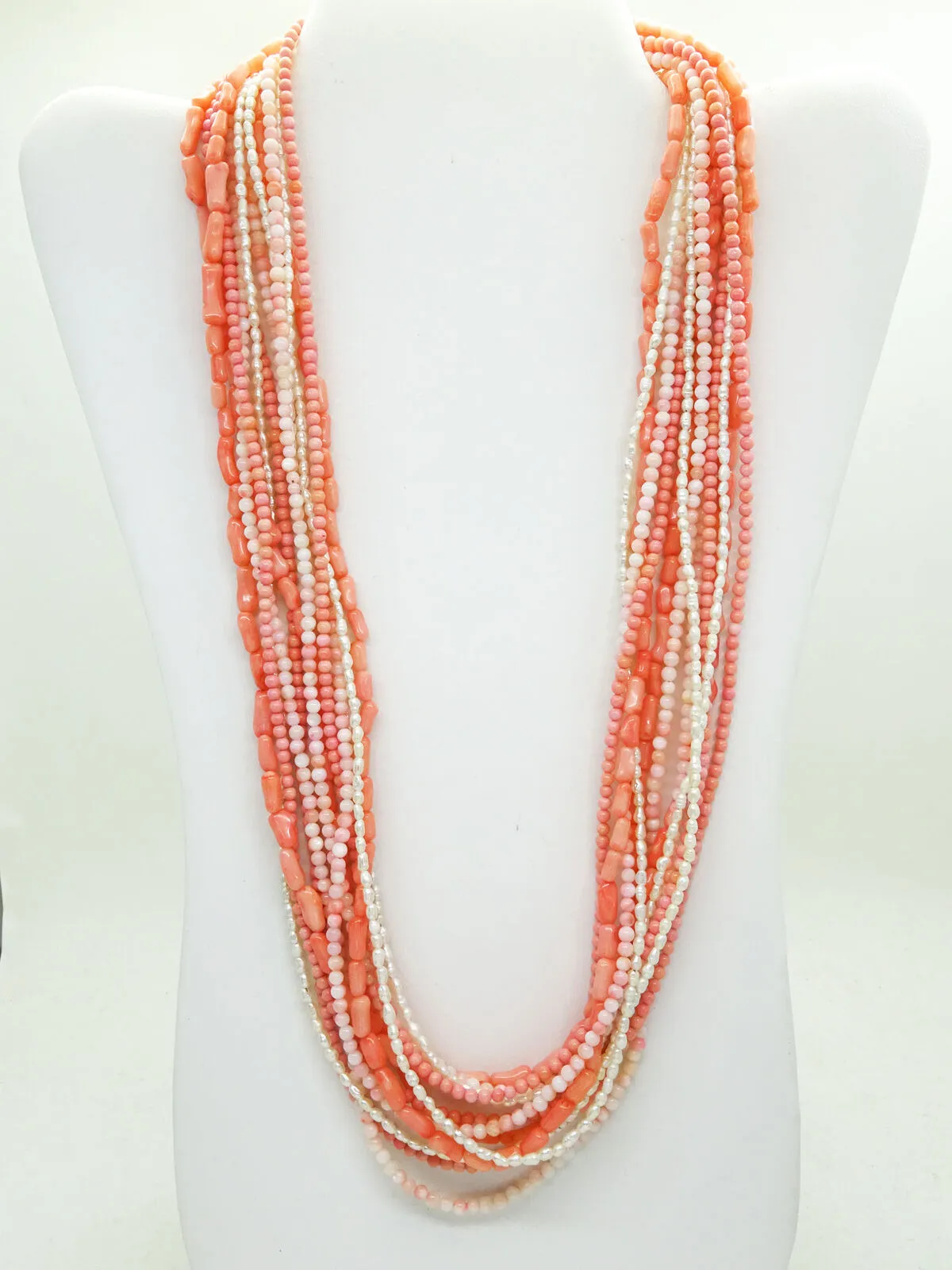 Natural Angel Skin & Rosa Pink Coral, Seed Pearl 11-Strand Necklace