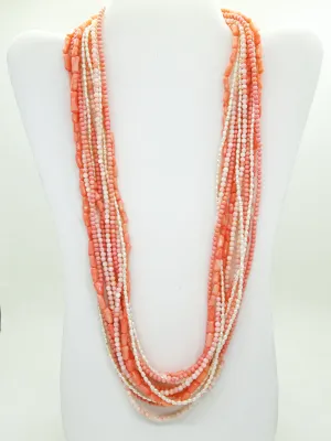 Natural Angel Skin & Rosa Pink Coral, Seed Pearl 11-Strand Necklace