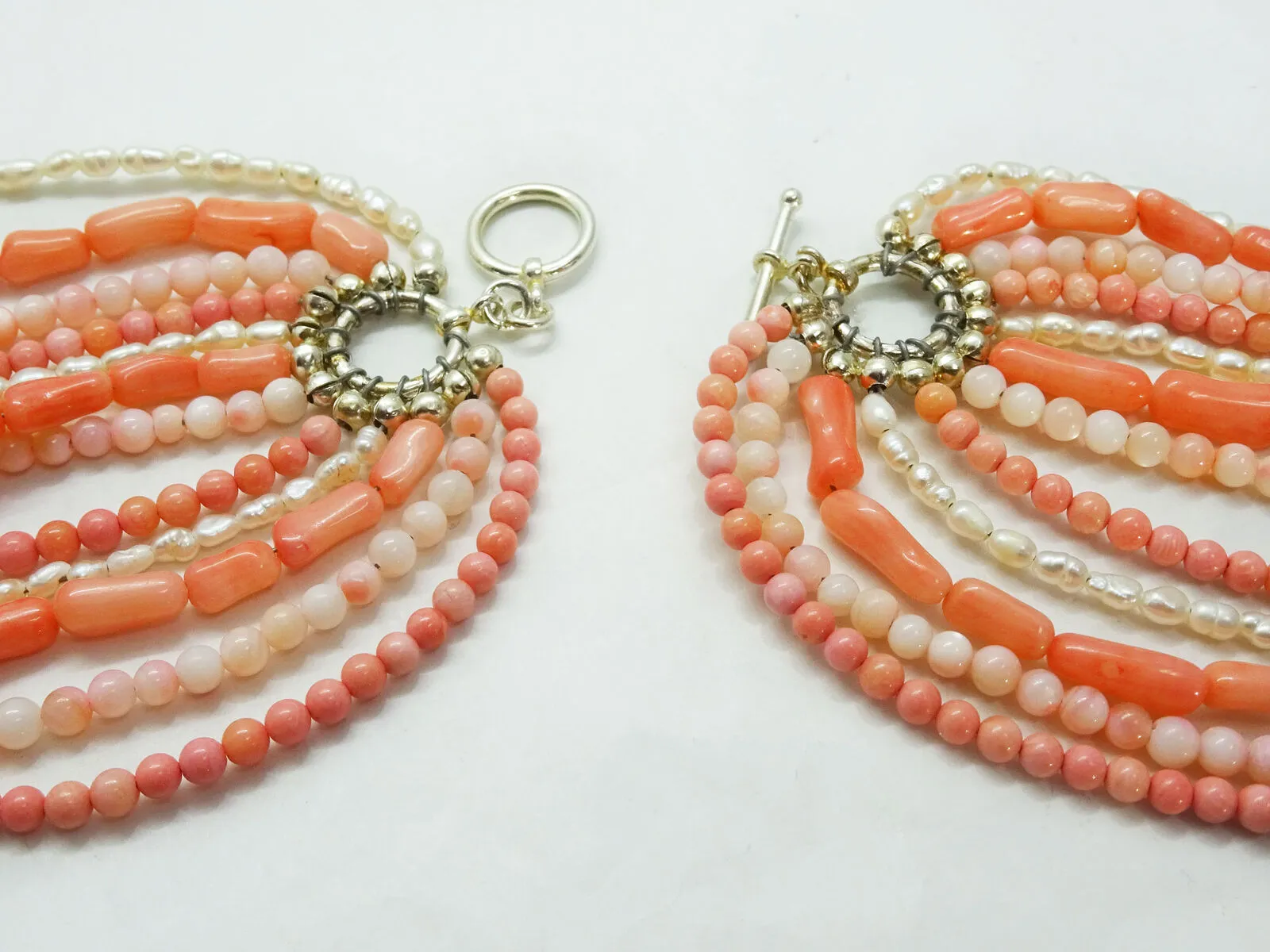 Natural Angel Skin & Rosa Pink Coral, Seed Pearl 11-Strand Necklace