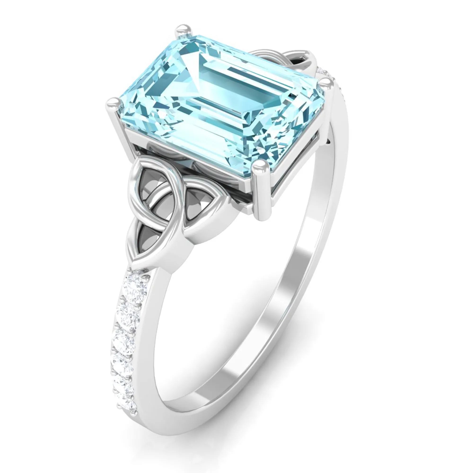 Octagon Cut Solitaire Aquamarine Celtic Engagement Ring with Diamond