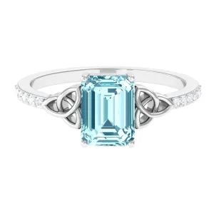 Octagon Cut Solitaire Aquamarine Celtic Engagement Ring with Diamond