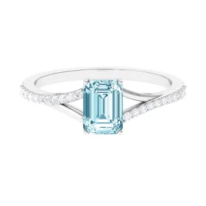 Octagon Cut Solitaire Aquamarine Engagement Ring with Diamond